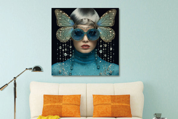 Schilderij 80x80 Vrouw met blauwe vlinders en bril (Glas)