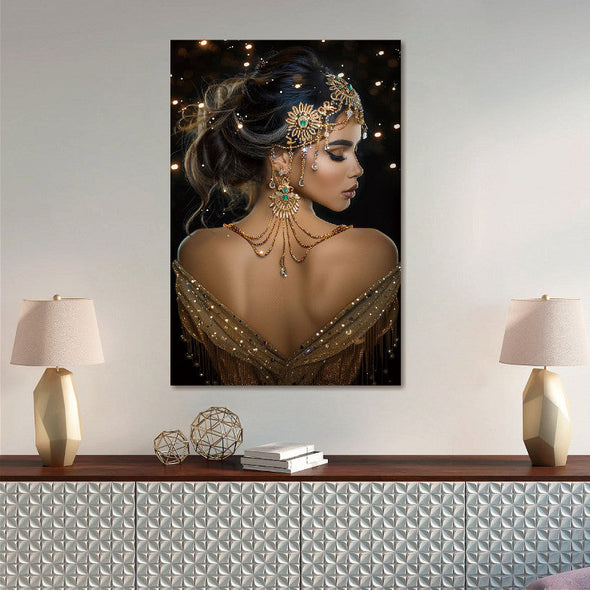 Schilderij 80x120 Vrouw met sieraden (Glas)