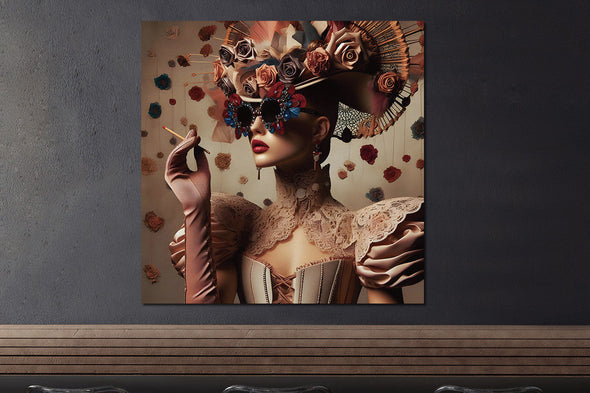 Schilderij 80x80 Artistieke beige vrouw met sigaret (Glas)