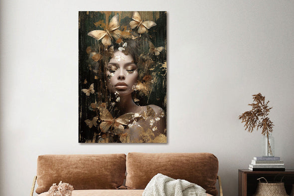 Schilderij 80x120 Vrouw met gouden vlinders (Glas)