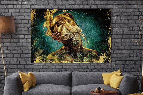 Schilderij 120x80 Goud geschminkte vrouw met bloem (Glas)