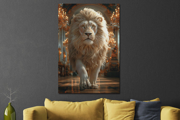 Schilderij 80x120 Witte leeuw in paleis (Glas)