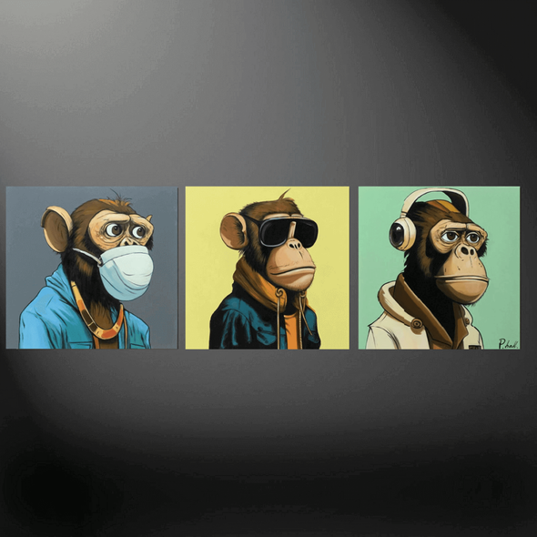 Schilderij - Monkey See, Monkey Hear, Monkey Speak 210x70 (Olieverf)