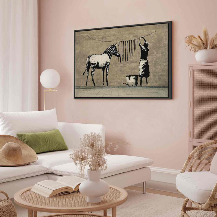 Schilderij - Banksy: Washing Zebra on Concrete (1 Part) Wide (Canvas)