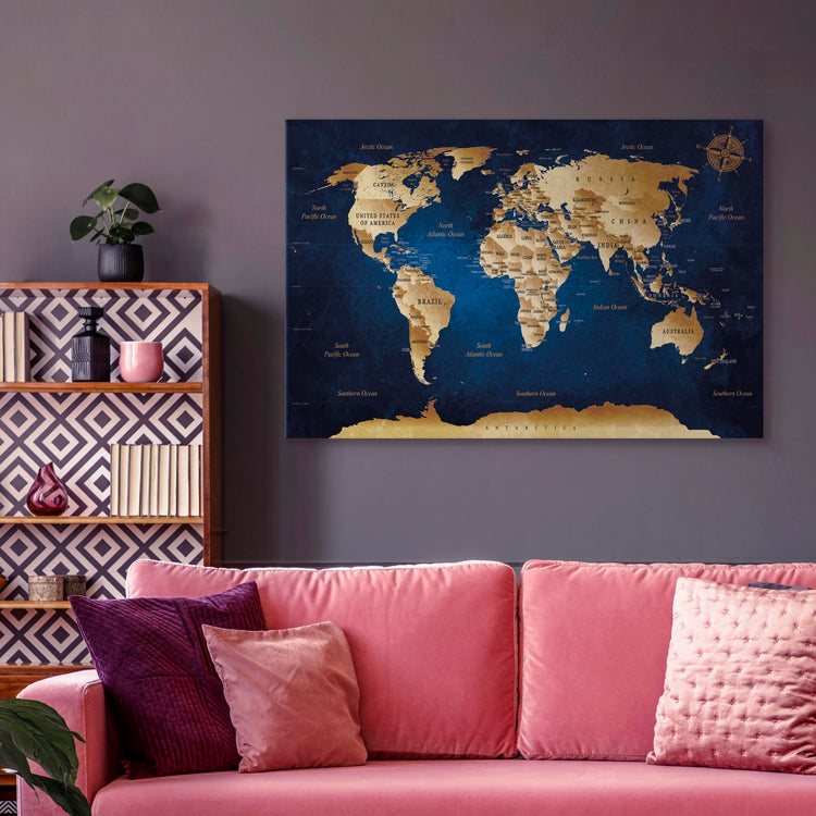 Schilderij - World Map: The Dark Blue Depths (Canvas)