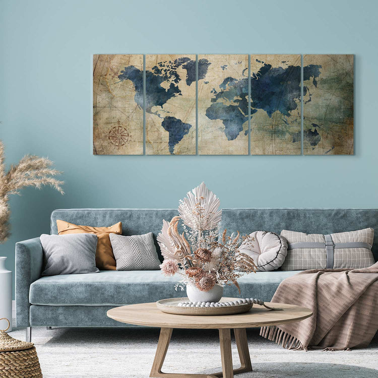 Schilderij - Retro Map (5 Parts) Narrow (Canvas)