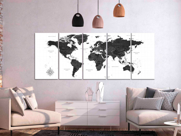 Schilderij - Black and White Map (5 Parts) Narrow (Canvas)