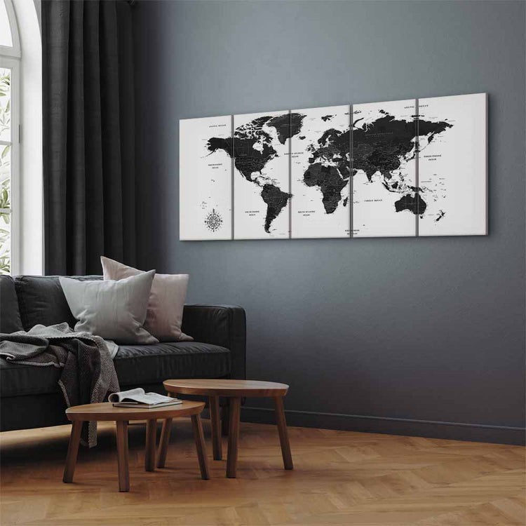 Schilderij - Black and White Map (5 Parts) Narrow (Canvas)