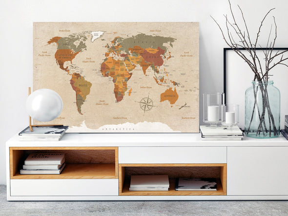 Schilderij - World Map: Beige Chic (Canvas)