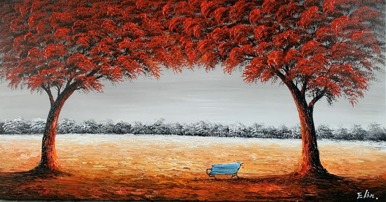 Olieverf schilderij Blue Bench 130 x 70 cm