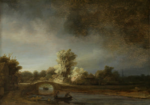 Schilderij Landschap met stenen brug. De stenen brug.