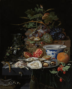 Schilderij Stilleven met vruchten, oesters en een porseleinen kom