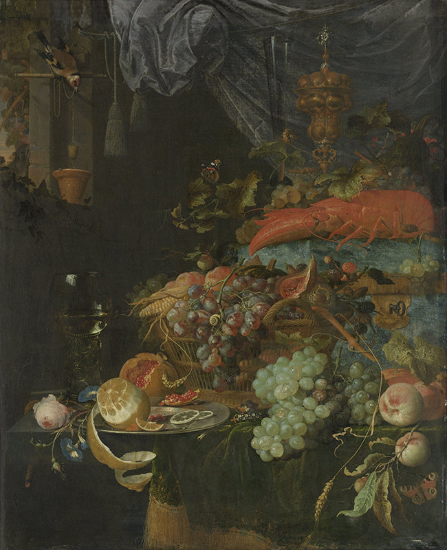 Schilderij Stilleven met vruchten en een puttertje