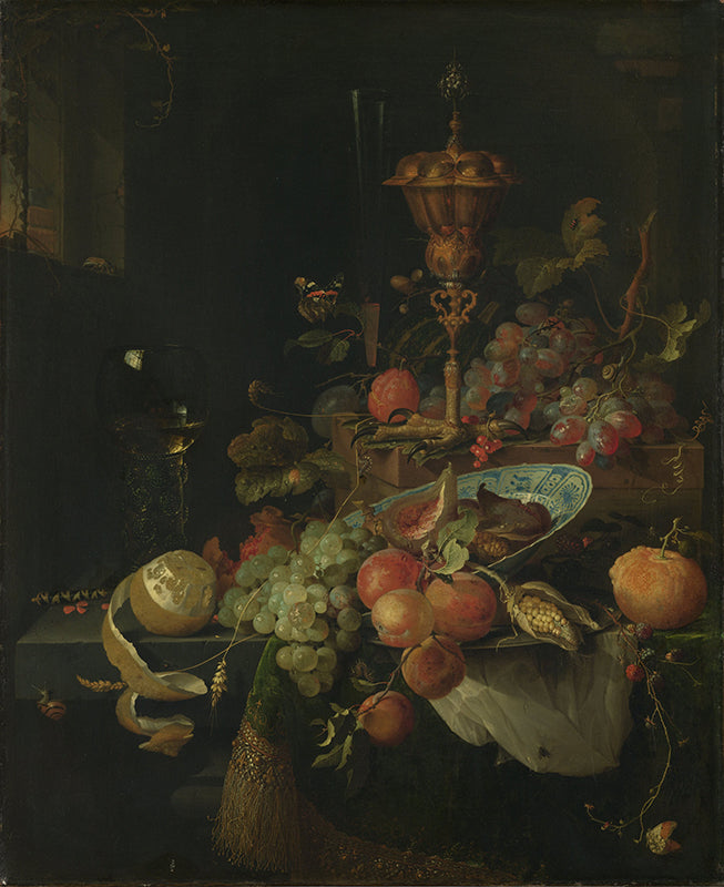 Schilderij Stilleven met vruchten en bokaal op hanenpoot