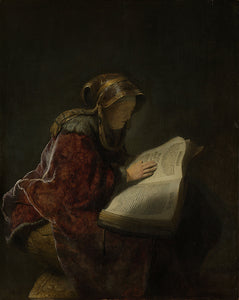 Schilderij Oude lezende vrouw, waarschijnlijk de profetes Hanna
