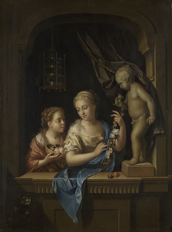 Schilderij Twee meisjes met bloemen bij een beeld van Cupido