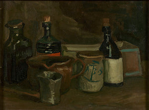 Schilderij Stilleven met flessen en aardewerk