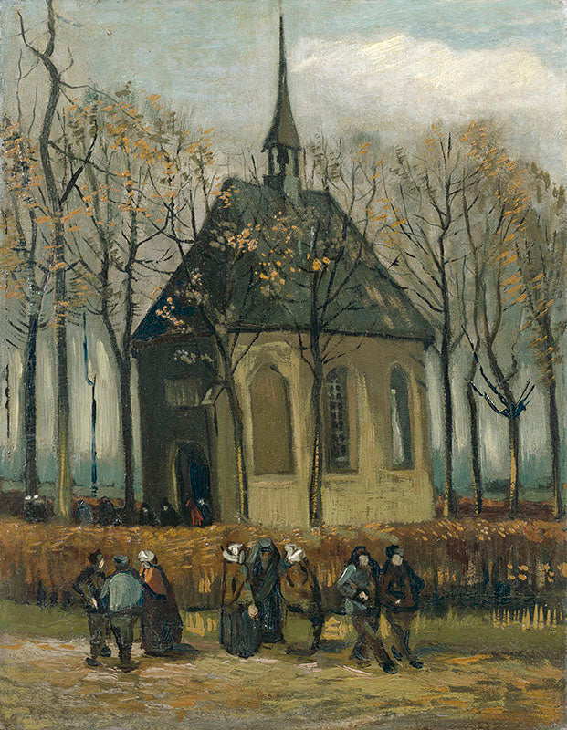 Schilderij Het uitgaan van de Hervormde Kerk te Nuenen