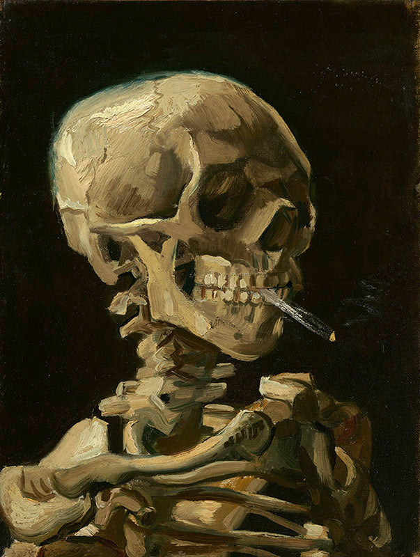 Schilderij Kop van een skelet met brandende sigaret