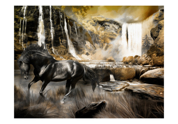Fotobehang - Zwart paard en rotsachtige waterval