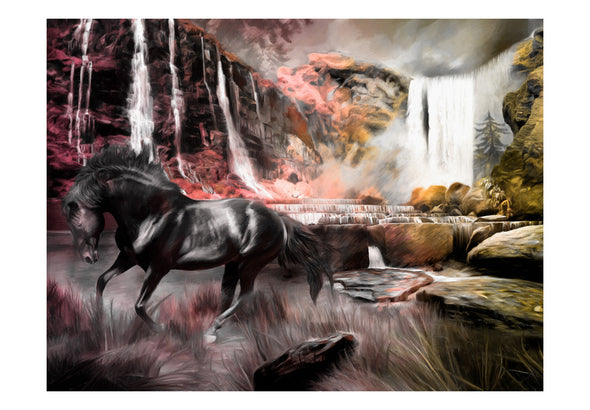 Fotobehang - Zwart paard door een waterval