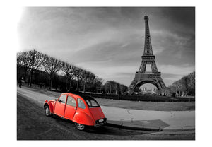 Fotobehang - Eiffeltoren en rode auto