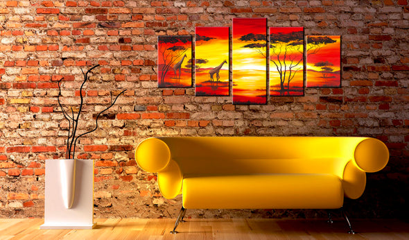 Foto schilderij - Giraffen op de achtergrond met zonsondergang
