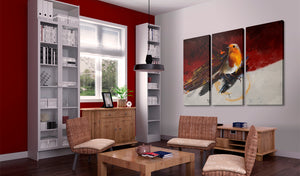 Foto schilderij - Klein vogeltje op een rood-wit achtergrond