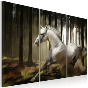 Foto schilderij - A white horse in the midst of the trees