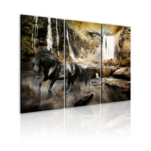 Foto schilderij - Black horse and rocky waterfall