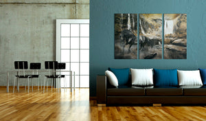 Foto schilderij - Black horse and rocky waterfall