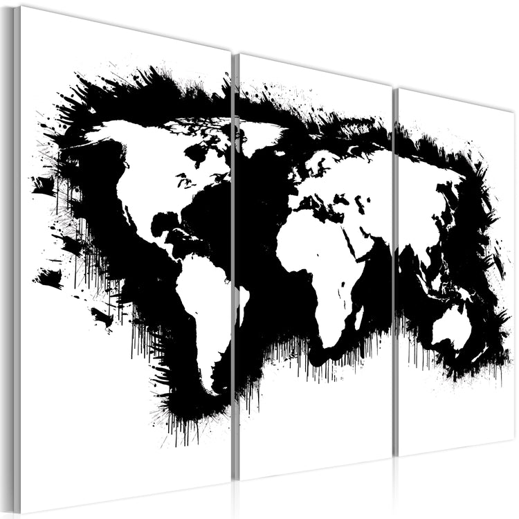 Foto schilderij - Monochromatisch kaart van de Wereld - drieluik