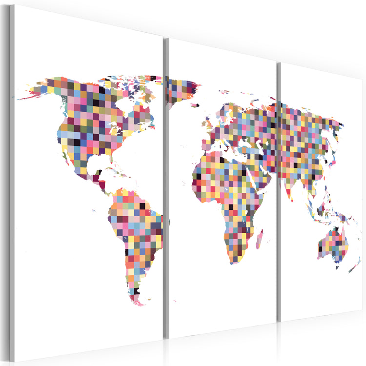 Foto schilderij - Kaart van de Wereld - pixels - triptiek