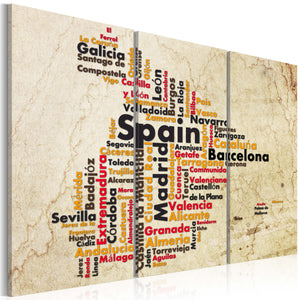 Foto schilderij - Tekst kaart: Spaanse steden - triptiek