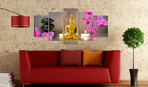 Foto schilderij - Golden Buddha and orchids