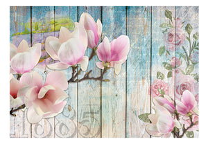 Fotobehang - Pink Flowers on Wood