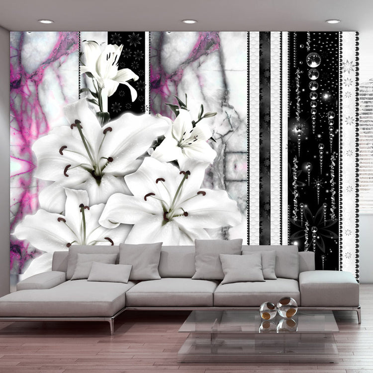 Fotobehang - Crying lilies on purple marble