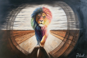 Olieverf schilderij Lion Road 120 x 80 cm