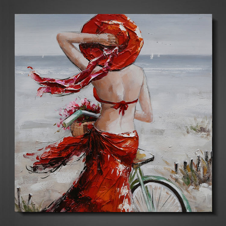 Olieverf schilderij Girl at the Beach 100 x 100 cm