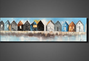 Olieverf schilderij Houses 140 x 40 cm
