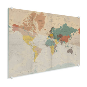 Wereldkaart op plexiglas - Verkleurd Historisch