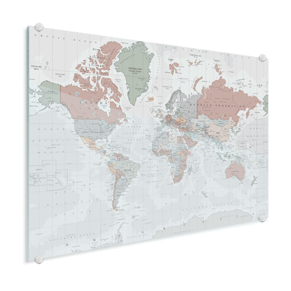 Wereldkaart op plexiglas - Zachte Tinten